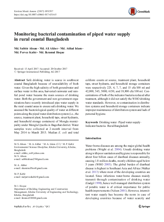 (PDF) Monitoring bacterial contamination of piped water supply in rural ...