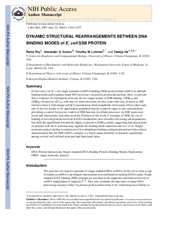 (PDF) Dynamic Structural Rearrangements Between DNA Binding Modes of E ...