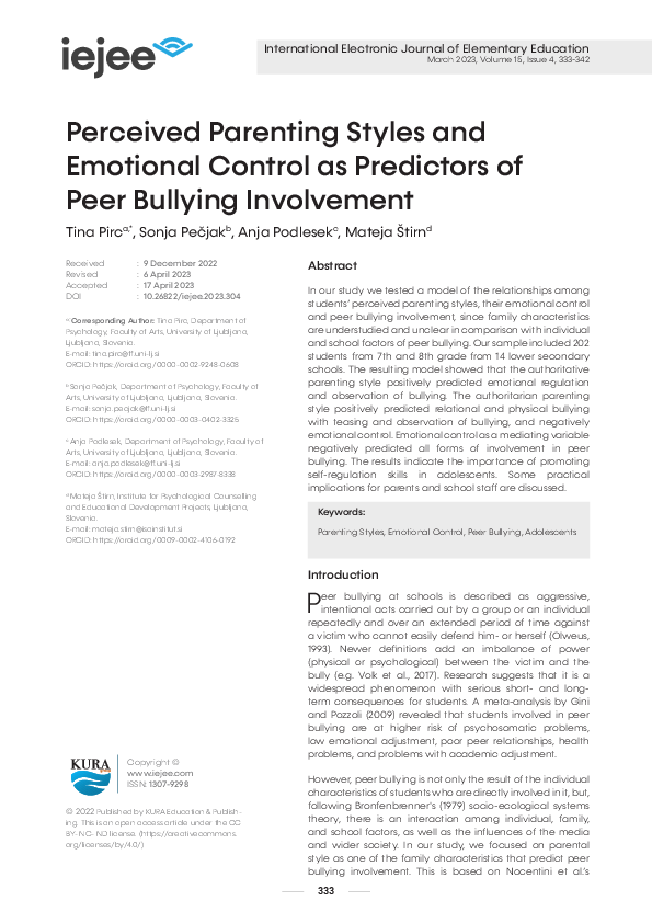 (PDF) Perceived Parenting Styles and Emotional Control as Predictors of ...
