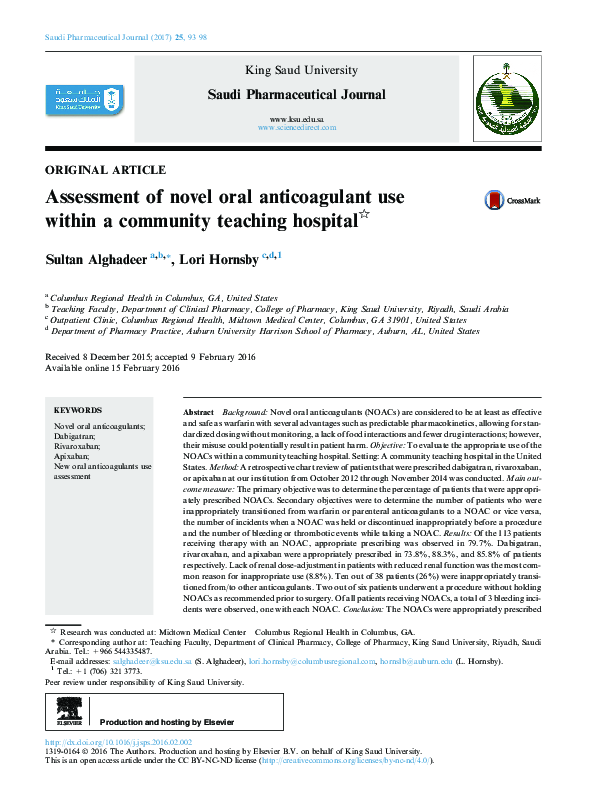 (PDF) Assessment of novel oral anticoagulant use within a community ...