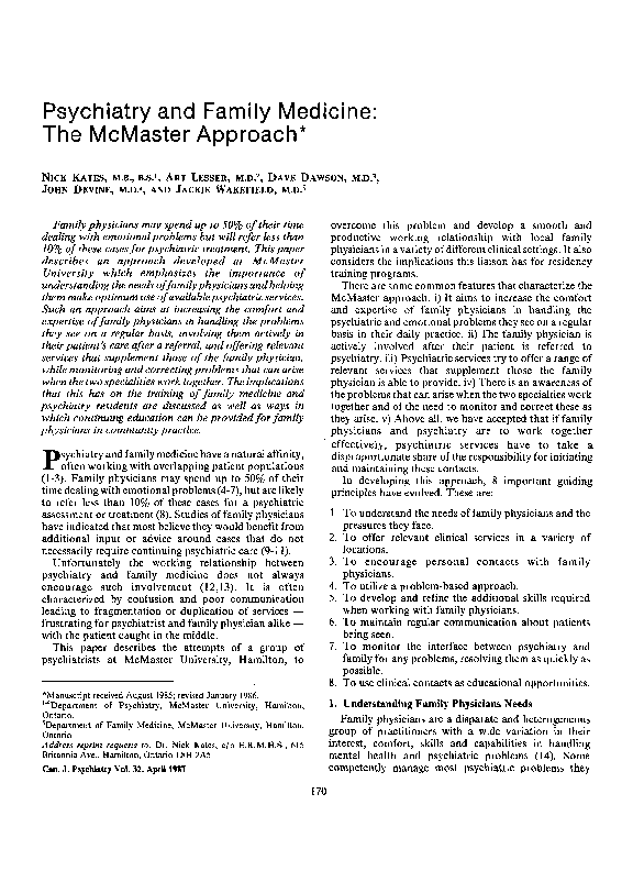 (PDF) Psychiatry and Family Medicine: The McMaster Approach