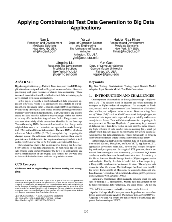 (PDF) Applying combinatorial test data generation to big data applications