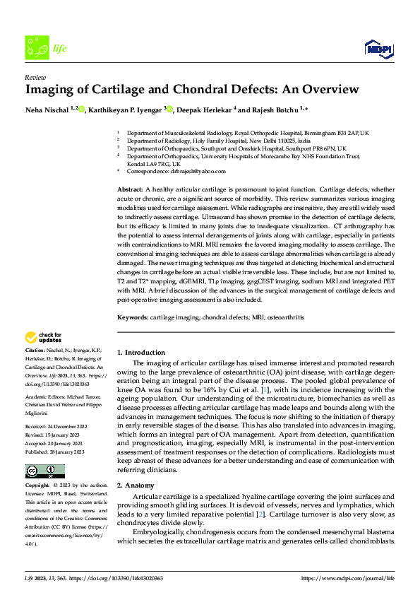(PDF) Imaging of Cartilage and Chondral Defects: An Overview
