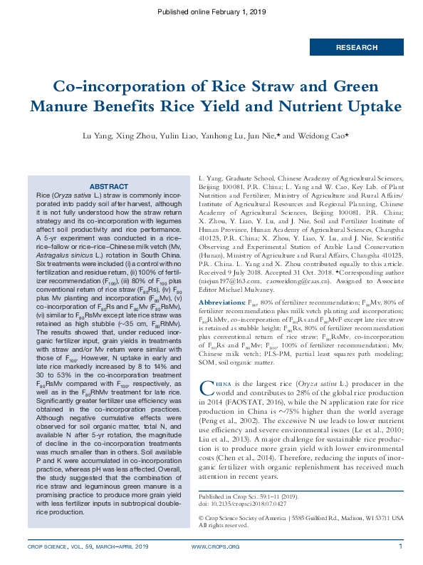 (PDF) Co‐incorporation of Rice Straw and Green Manure Benefits Rice ...