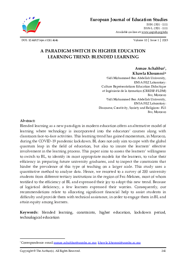 (PDF) A Paradigm Switch in Higher Education Learning Trend: Blended ...