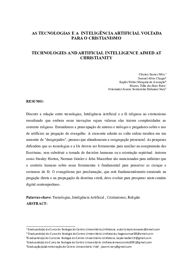 (PDF) AS TECNOLOGIAS E A INTELIGÊNCIA ARTIFICIAL VOLTADA PARA O ...