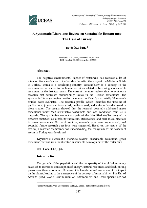 (PDF) A Systematic Literature Review on Sustainable Restaurants The