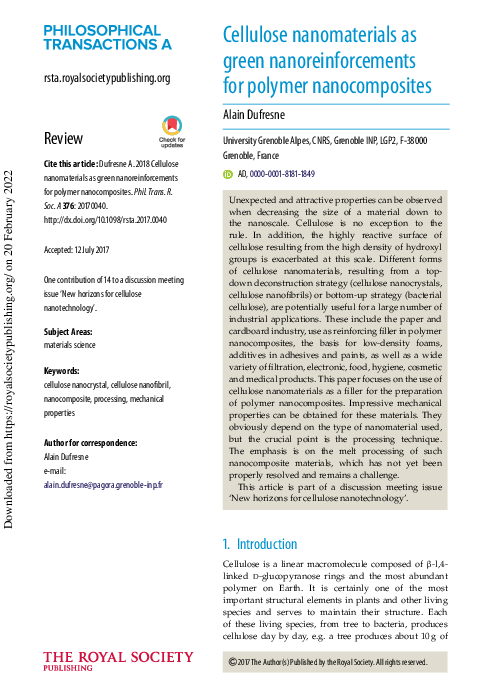 (PDF) Cellulose nanomaterials as green nanoreinforcements for polymer ...