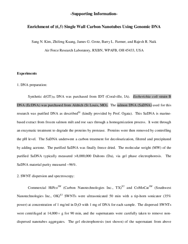 (PDF) Enrichment of (6,5) Single Wall Carbon Nanotubes Using Genomic ...