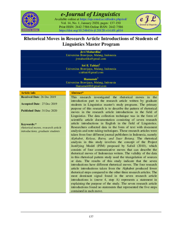 (PDF) Rhetorical Moves in Research Article Introductions of Students of ...