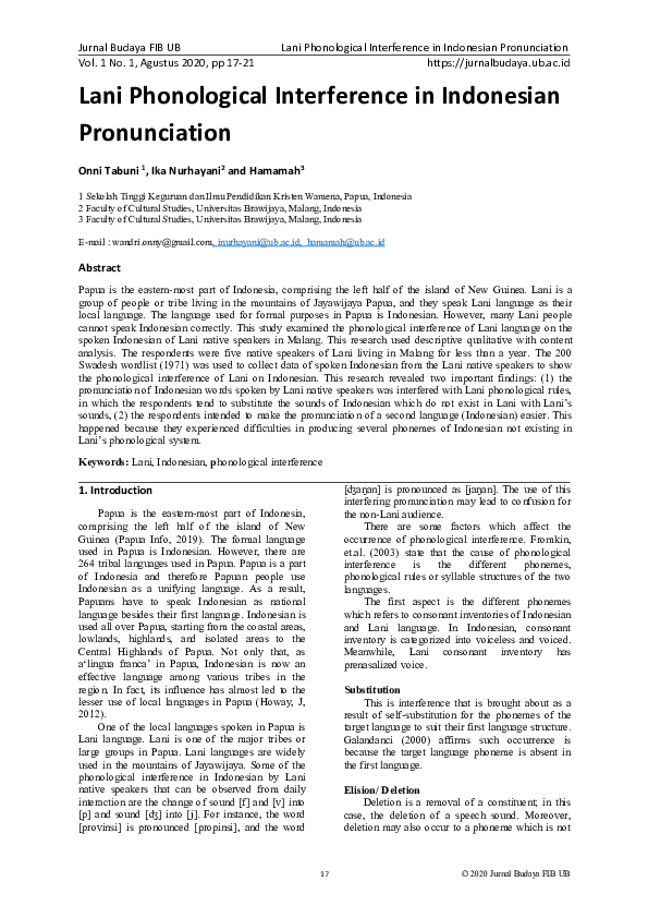 (PDF) Lani Phonological Interference in Indonesian Pronunciation