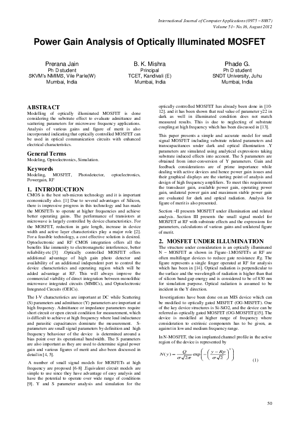 (PDF) Power Gain Analysis of Optically Illuminated MOSFET
