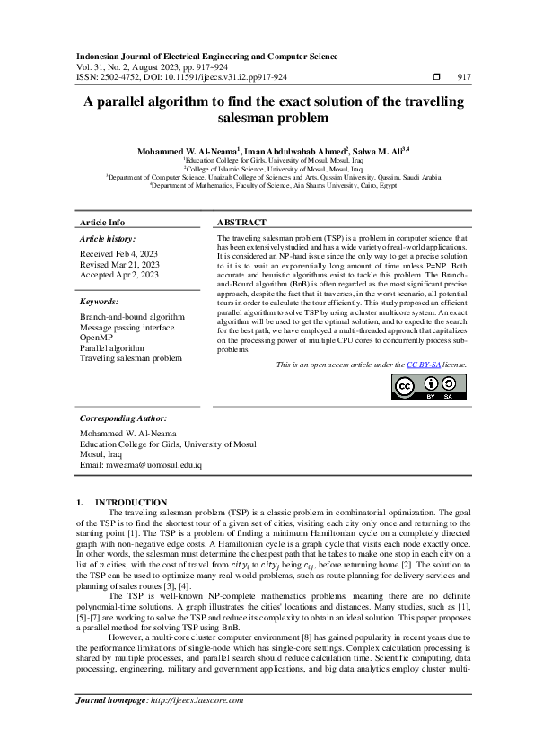 (PDF) A parallel algorithm to find the exact solution of the travelling ...