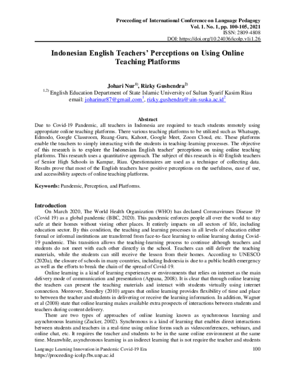 (PDF) Indonesian English Teachers’ Perceptions on Using Online Teaching ...