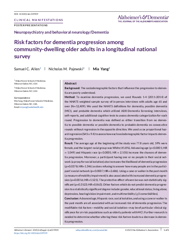 (PDF) Risk factors for dementia progression among community‐dwelling ...