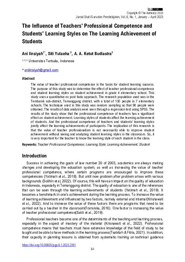 (PDF) The Influence of Teachers' Professional Competence and Students ...