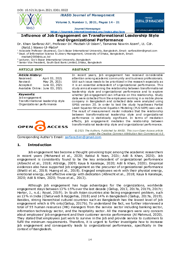(PDF) Influence of Job Engagement on Transformational Leadership Style ...