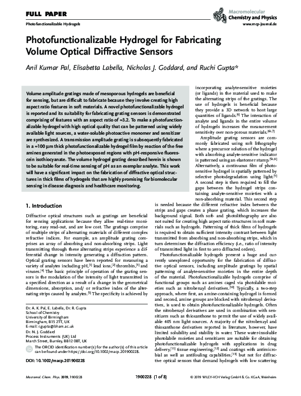 (PDF) Photofunctionalizable Hydrogel for Fabricating Volume Optical ...