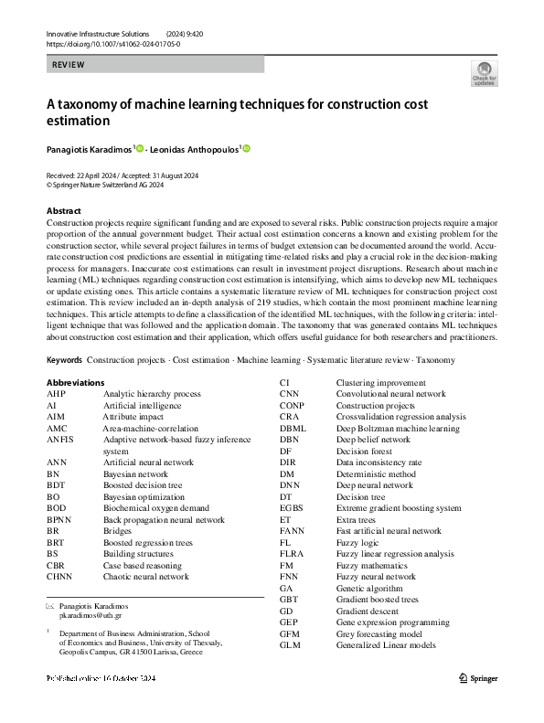 (PDF) A taxonomy of machine learning techniques for construction cost ...