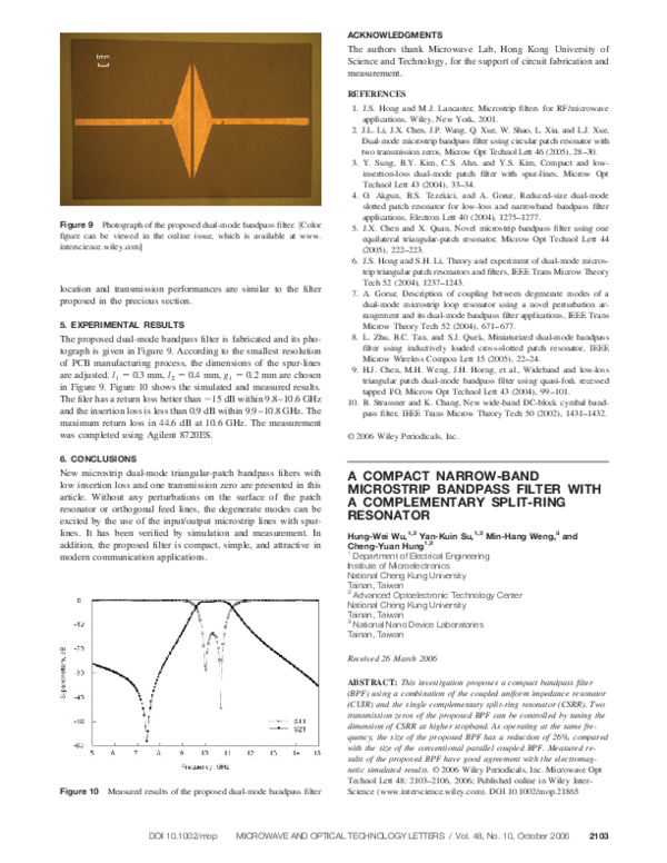 (PDF) A compact narrow-band microstrip bandpass filter with a ...