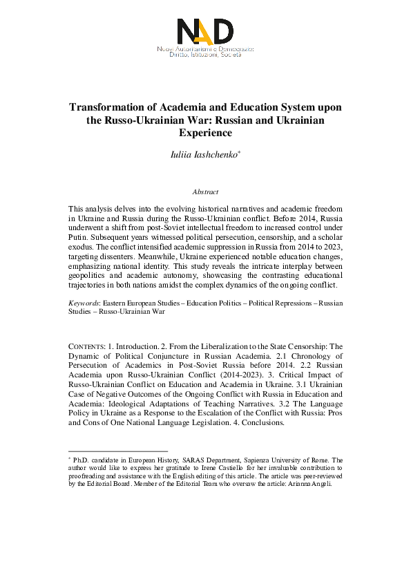 (PDF) Transformation of Academia and Education System upon the Russo ...