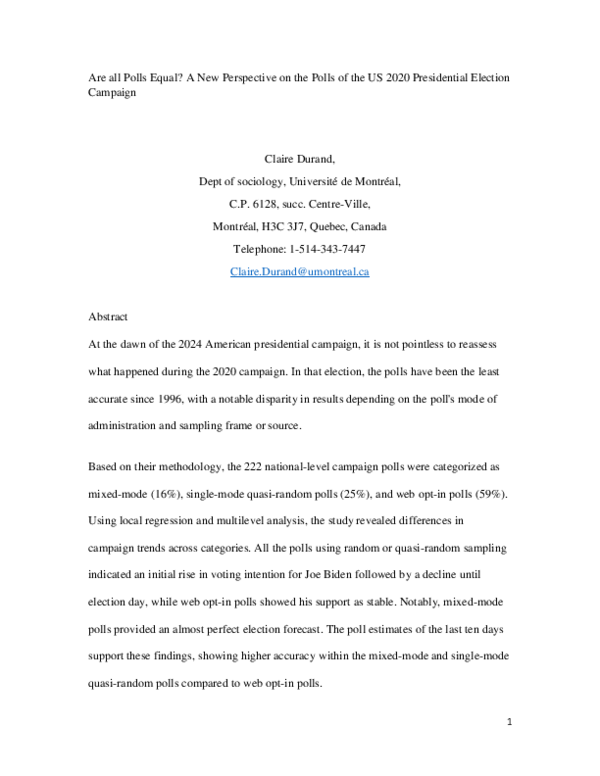 (PDF) Are all Polls Equal? Analyzing the Polls of the US2020 election ...