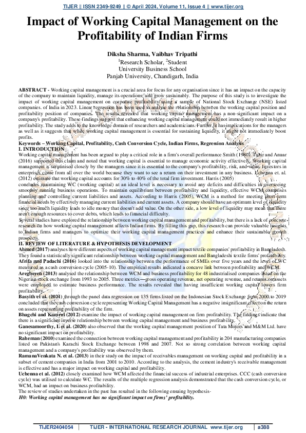 (PDF) Impact of Working Capital Management on the Profitability of ...