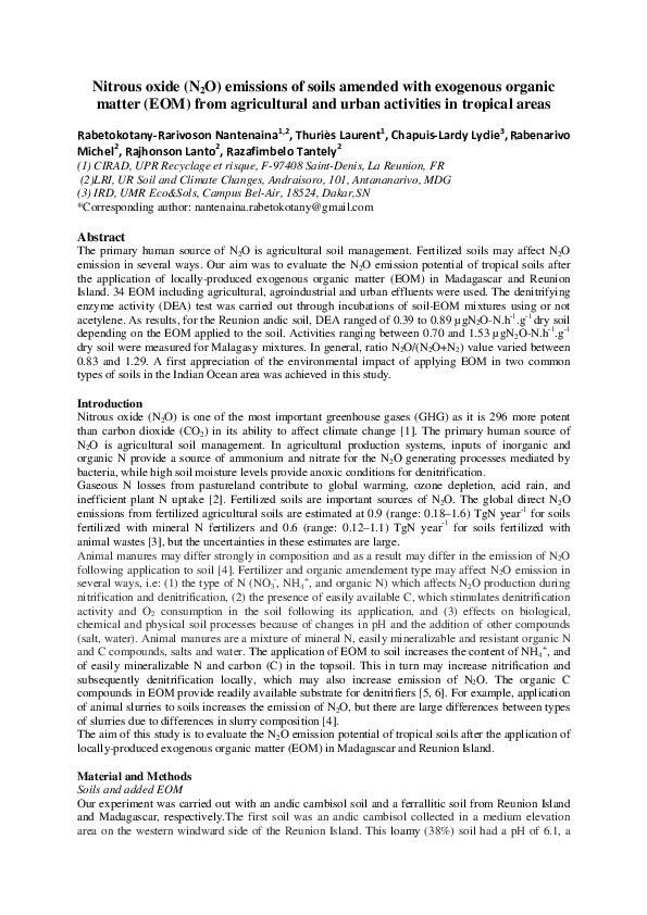 (PDF) Nitrous oxide (N2O) emissions of soils amended with exogenous ...