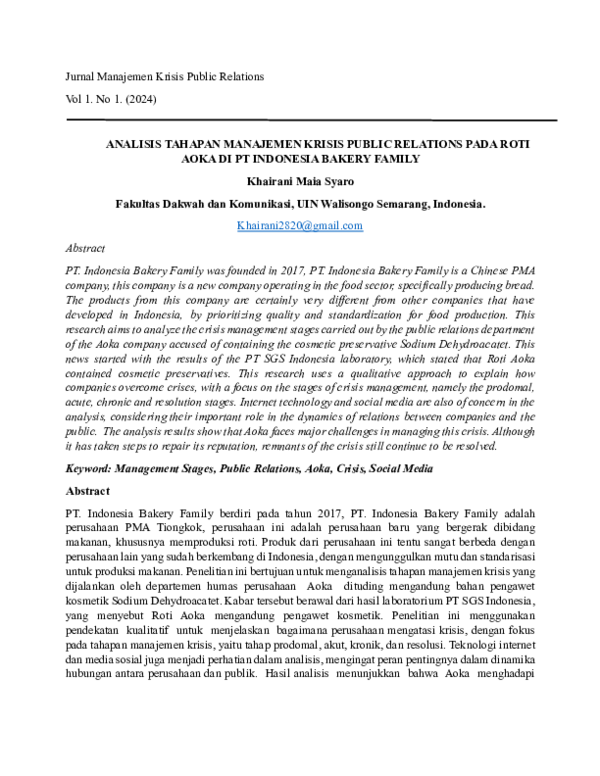 (PDF) ANALISIS TAHAPAN MANAJEMEN KRISIS PUBLIC RELATIONS PADA ROTI AOKA