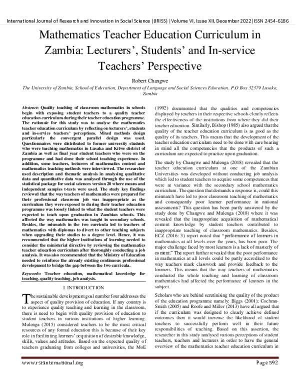 (PDF) Mathematics Teacher Education Curriculum in Zambia Lecturers