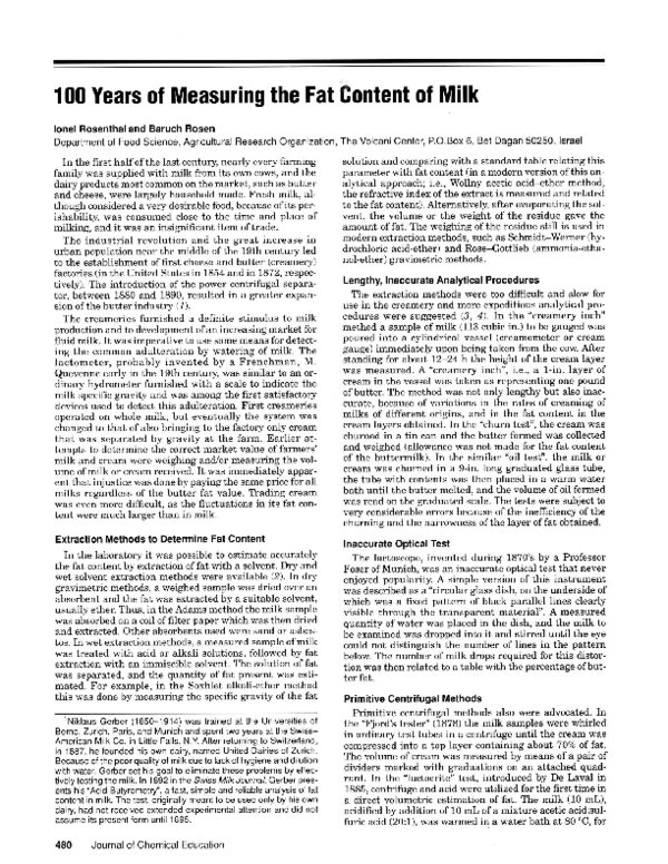 (PDF) 100 Years of Measuring the Fat Content of Milk Baruch Rosen