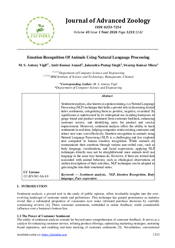 (PDF) Emotion Recognition Of Animals Using Natural Language Processing