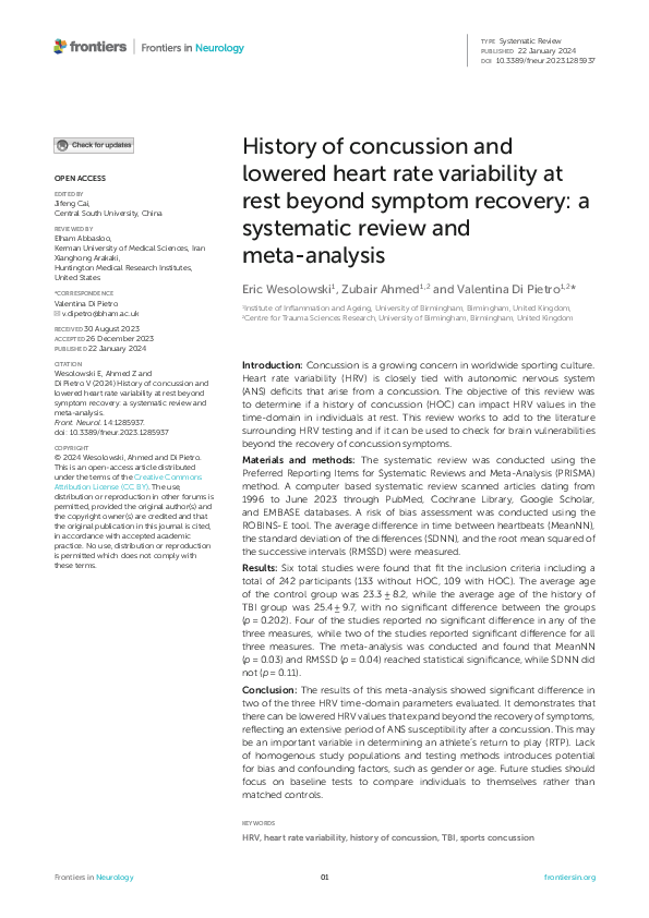 (PDF) History of concussion and lowered heart rate variability at rest ...