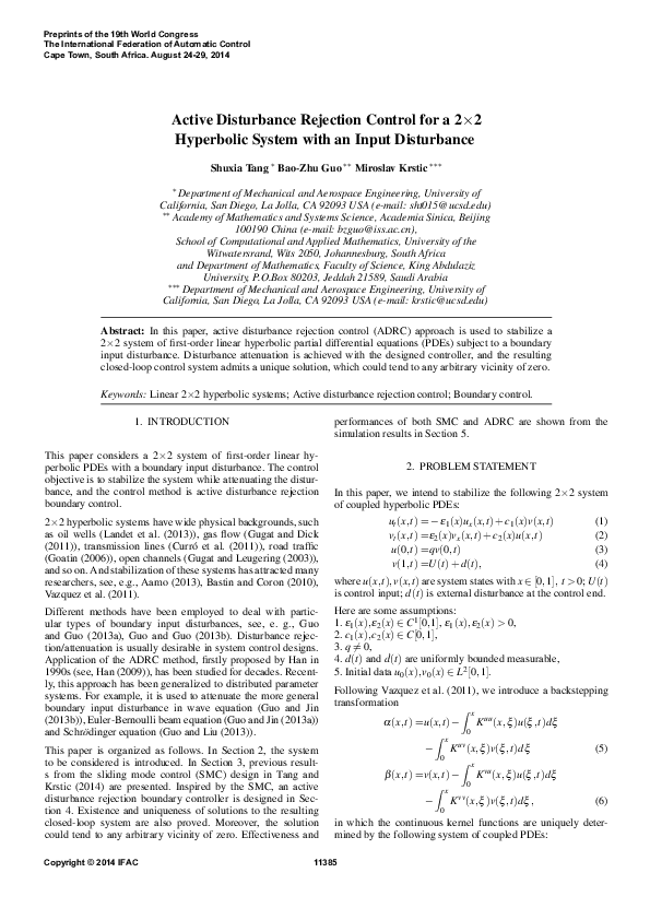 (PDF) Active Disturbance Rejection Control for a 2×2 Hyperbolic System ...