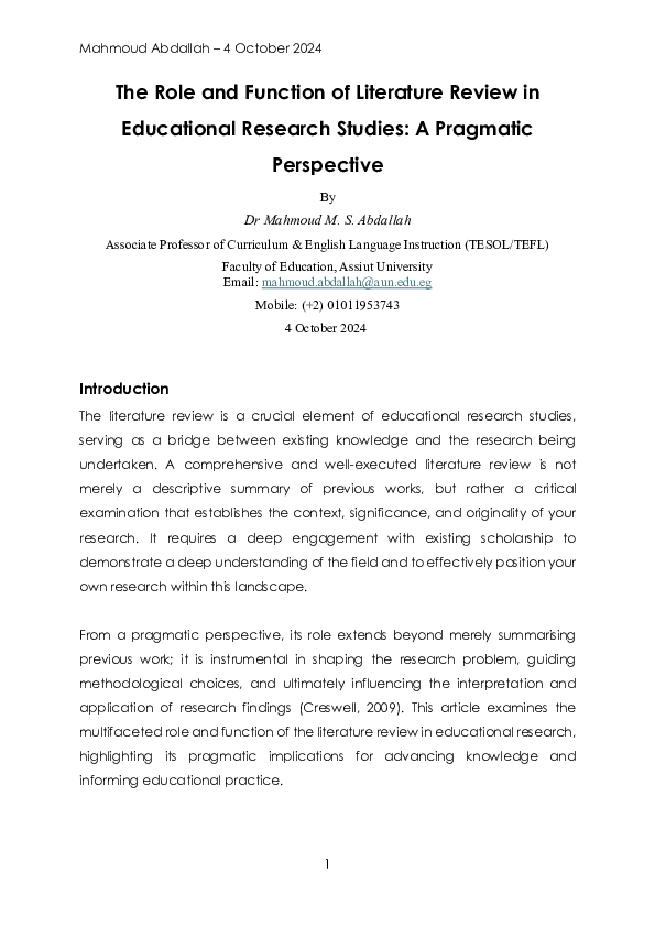 (PDF) The Role and Function of Literature Review in Educational ...