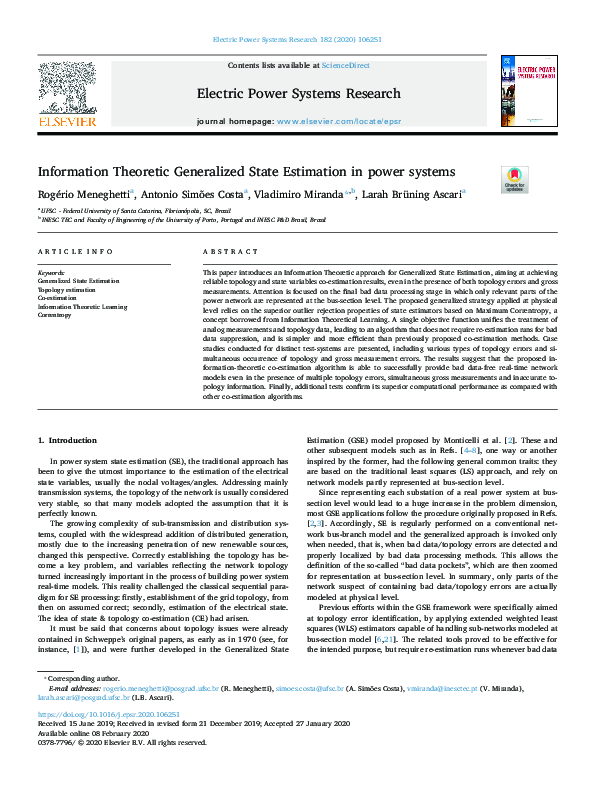 (PDF) Information Theoretic Generalized State Estimation in power systems