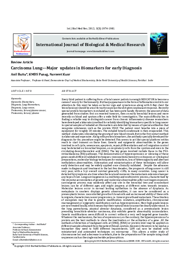(PDF) Carcinoma Lung---Major updates in Biomarkers for early Diagnosis