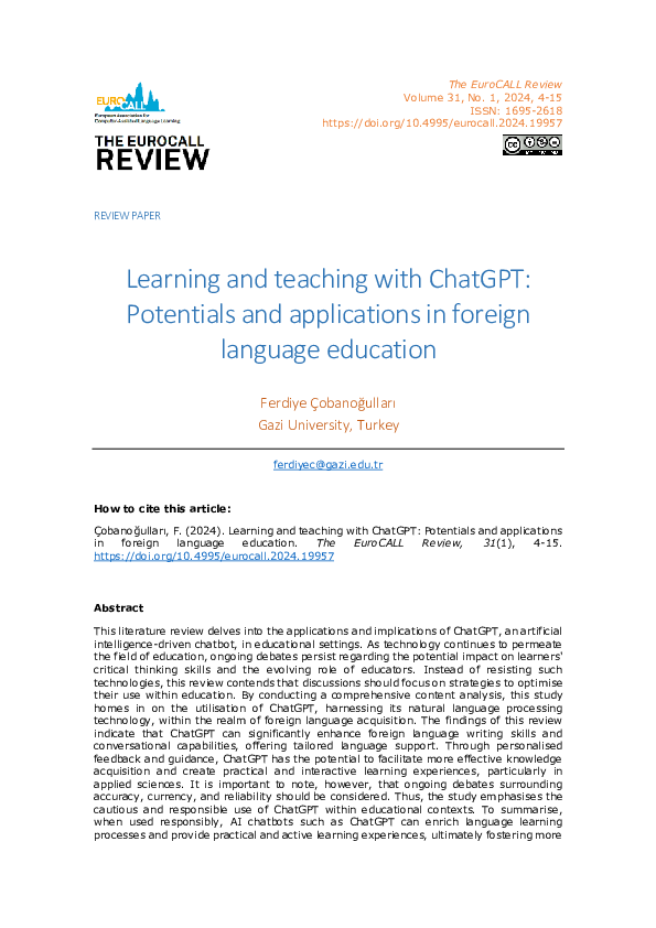 (PDF) Learning and teaching with ChatGPT: Potentials and applications ...