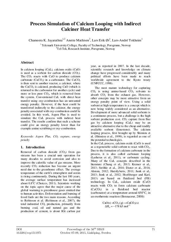 (PDF) Process Simulation of Calcium Looping With Indirect Calciner Heat ...