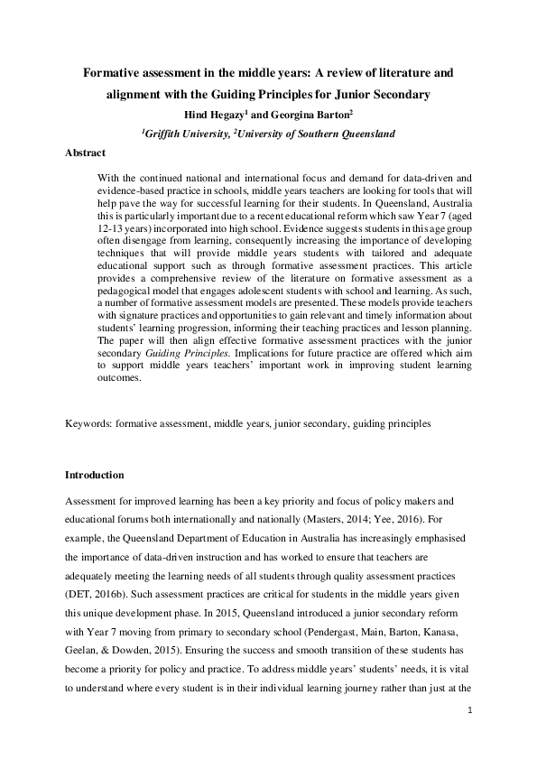 (PDF) Formative assessment in the middle years: a review of literature ...