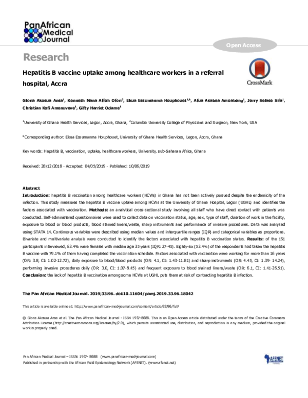 (PDF) Hepatitis B vaccine uptake among healthcare workers in a referral ...