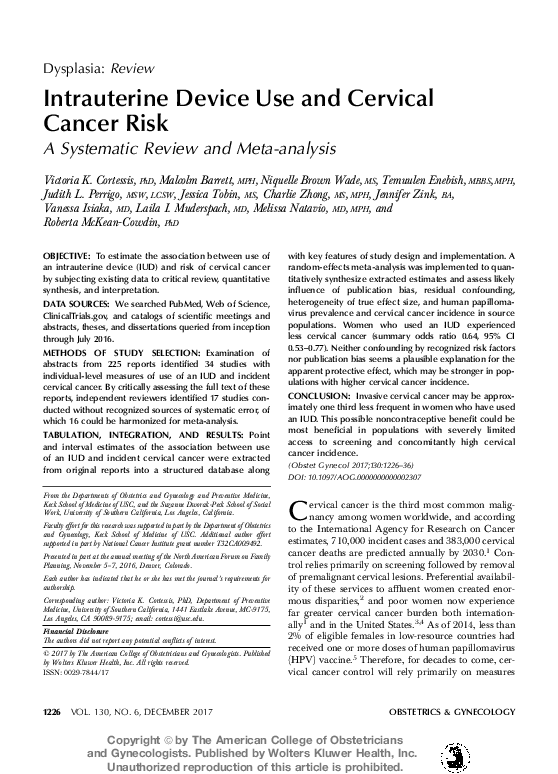(PDF) Intrauterine Device Use and Cervical Cancer Risk