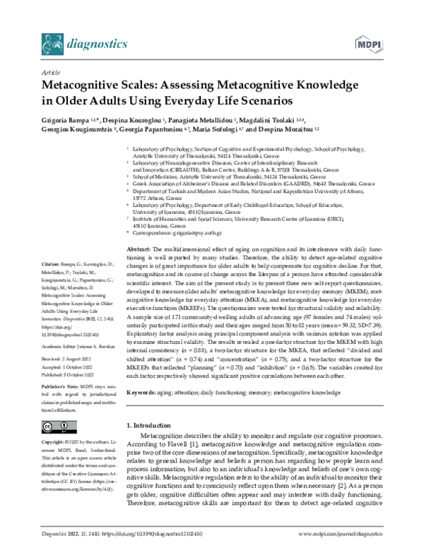 (PDF) Metacognitive Scales: Assessing Metacognitive Knowledge in Older ...