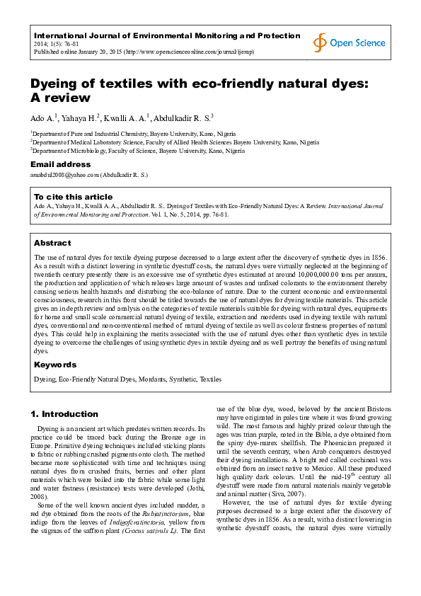 (PDF) Dyeing of Textiles with Eco-Friendly Natural Dyes: A Review