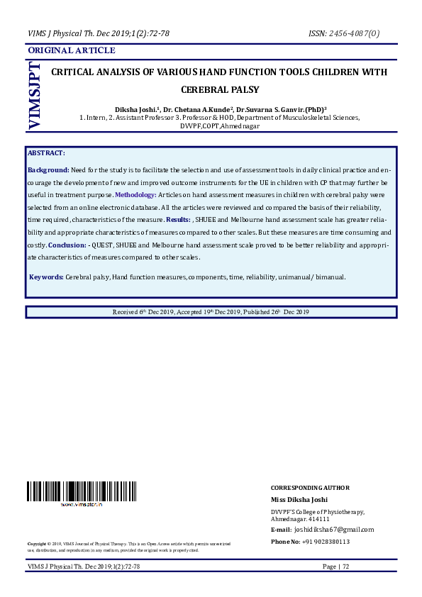 (PDF) Critical Analysis of Various Hand Function Tools Children with ...