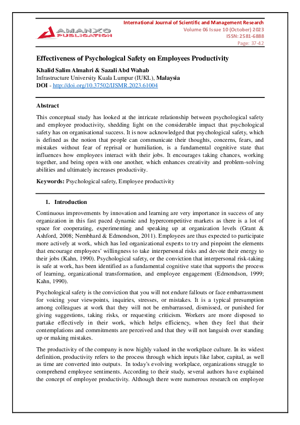 (PDF) Effectiveness of Psychological Safety on Employees Productivity
