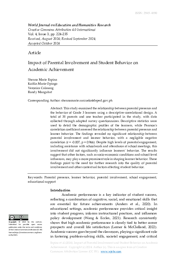 (PDF) Impact of Parental Involvement and Student Behavior on Academic ...