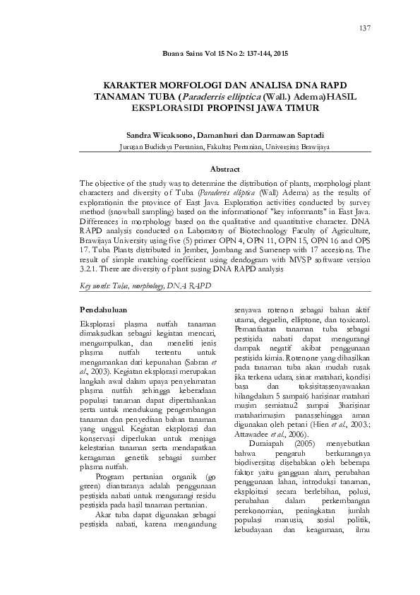 (PDF) KARAKTER MORFOLOGI DAN ANALISA DNA RAPD TANAMAN TUBA (Paraderris ...