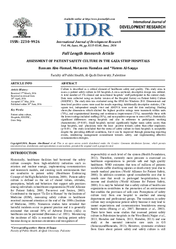 (PDF) Assessment of patient safety culture in the Gaza Strip Hospitals