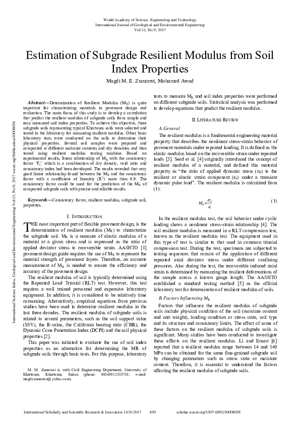 (PDF) Estimation of Subgrade Resilient Modulus from Soil Index Properties